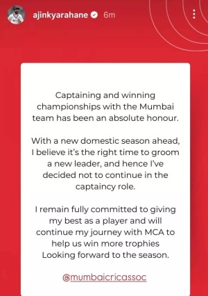 Ajinkya Rahane Relinquishes Mumbai Captaincy, Citing Need for New Leadership
